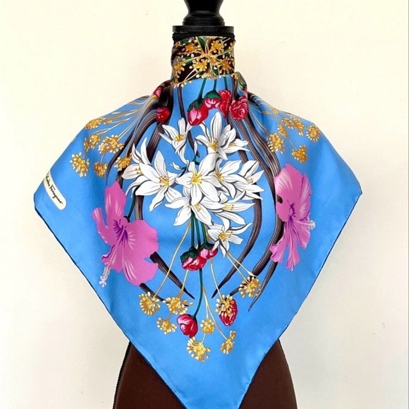 Salvatore Ferragamo Blue and Pink Floral Silk Scarf - Picture 6 of 15